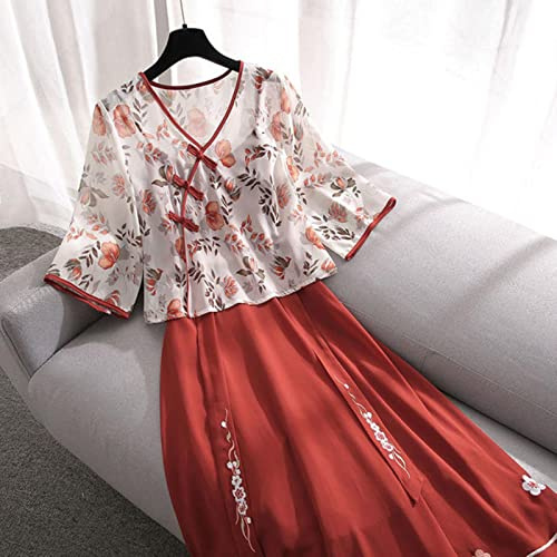 JIMINISO Hanfu Moderne Hauts et Jupe Femmes Chinois Rouge Hanfu été Grande Taille Ancienne Robe Chinoise Ensemble en Mousseline de Soie Cosplay Costumes