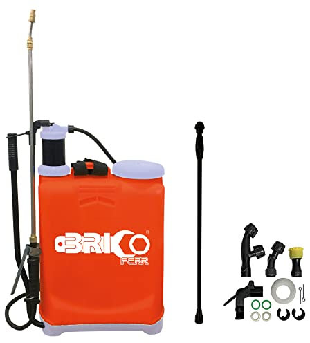 Pulverizador Manual, Capacidad 16 litros con Lanza Extensible Anti Corrosión y Lanza de plástico - Bricoferr, Naranja y Gris
