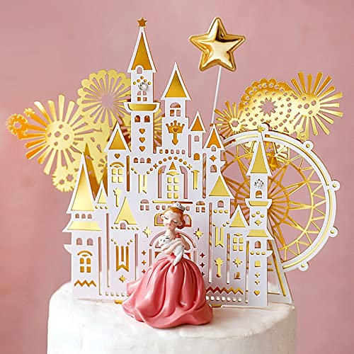 FATCAT Tortendeko Mädchen, Riesenrad Schloss kuchen deko, Goldrosa Prinzessin Tortendeko für Prinzessin Mottoparty/bride to bedeko/Babypart