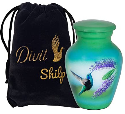 Divit Shilp Kleine Andenken-Feuerbestattungs-Urne mit Einer Samttasche | Eine Auswahl von Farben | Benutzbares Mini-Symbolgefäß aus Metall für Menschenasche. (Keepsake, Hummingbird Green)