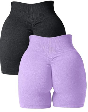 Abonlen Damen Scrunch Nahtlose 2-teilige Workout-Shorts Hohe Taille Yoga Shorts Gym Laufen Athletic Biker Shorts, schwarz/violett, Klein