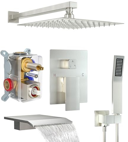 Fatspas Shower System with 10-Inch Rain Head and Tub Spout | All-Metal Tub Shower Faucet Set, Wall Mounted Rain Showerhead, Handheld Spray, Includes Valve and Trim Kit, Brushed Nickel