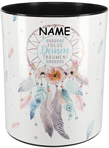 alles-meine.de GmbH Papierkorb/Behälter Traumfänger/Federn inkl. Name - 13 Liter - 30 cm hoch - wasserdicht - aus Kunststoff - großer Mülleimer Eimer/Spielzeugkorb/Po..
