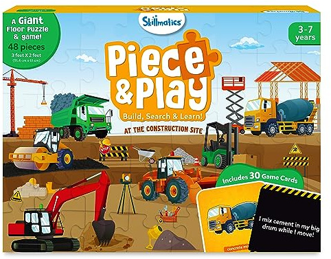 Skillmatics Floor Puzzle & Game – Piece & Play Construction Site | Jigsaw & Toddler Puzzles, Educational Toy, Screen-Free, Gift for Boys & Girls Ages 3, 4, 5, 6, 7 (48 Pieces, 2 x 3 feet)