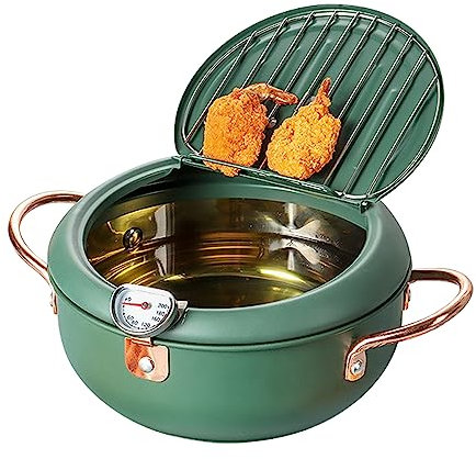 Tempura Covered Deep Fryer with Thermometer, Oil Drip Rack and Lid, 14cm/5.5 Inch Green Stainless Steel Deep Fry Pot, Japanese Style Uncoated Frying Pan for Kitchen French Fries, Fish, Shrimp