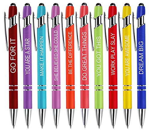 Cobee Inspirierende Kugelschreiber, 10 Stück Einziehbarer Kugelschreiber mit Stylus Spitze 1,0 mm Schwarze Tinte Soft Touch Motivations Zitat Stifte mit beschichtetem Metall Motivation für Schule Büro