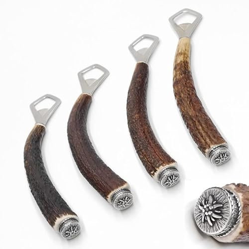 GTK - Geweihe & Trophäen KRUMHOLZ 1 Stück Flaschenöffner mit Hirsch Geweih Stange Hirschhorn Griff mit Endkappe Verzierung Edelweiss