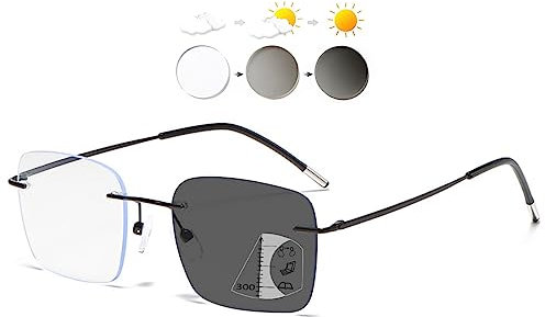 KOOSUFA Randlose Selbsttönende Gleitsicht Lesebrille Gleitsichtbrille Progressive Multifokus Blaulichtfilter Photochrome Herren Damen Rahmenlose mit UV-Schutz Sonnenlesebrille Schwarz 2.0