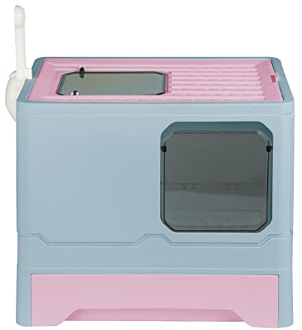 Bac à Litière pour Chat,Grande Maison de Toilette Chat Pliable avec Couvercle,Bac de Tiroir et Pelle à Litière,Portable,WC pour Chats avec Couvercle45*35 * 38 PP-Bleu