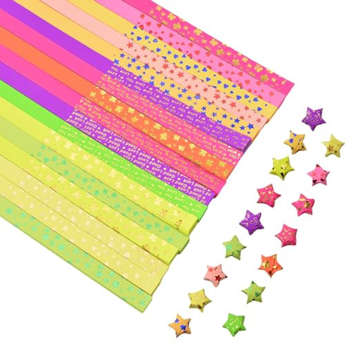 URROMA Stern-Papierstreifen, 760 St點k, vergoldet, fluoreszierend, Origami, Gl點ksstern, Papierstreifen, Liebe, vierbl鋞triges Gras, Pentagramm, englisches Muster zum Basteln, Faltpapier, Sterne, DIY