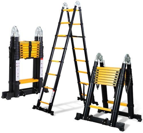 Ikodm 5M (2.5+2.5) Teleskopleiter Klappleiter Alu Multifunktionsleiter mit Abnehmbarem doppelten Umlenkrollen Max Belastung 150 KG/330 Pfund, Mehrzweckleiter, Rutschfester, Schwarz Gelb