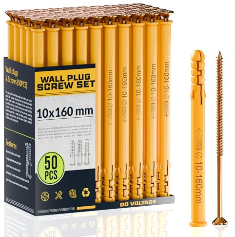 DC VOLTAGE 50pcs Wall Plugs and Screws Set 10 x 160mm Anchor Bolts for Masonry Brick Concrete Heavy Duty Brick Concrete Fixings Plugs Self tapping screws Set pack