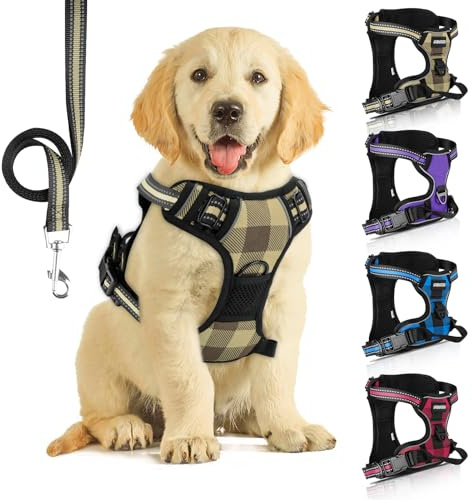 SIBOTER Hundegeschirr mit Hundeleine, Reflektierendes Hundegeschirr Kleine Hunde, mit Einfache Kontrolle Griff und Rückseite perfekt für Spaziergänge im Freien (Gelb Kariert, M)