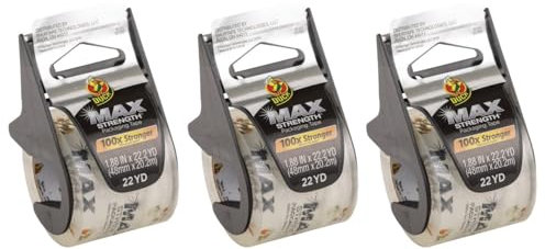 Duck Max Strength Transparentes Verpackungsband, maximale Festigkeit, strapazierfähiges Packband, Versand und Umzug, 3 Rollen mit Spendern, 4,8 cm x 22 m je (284981)