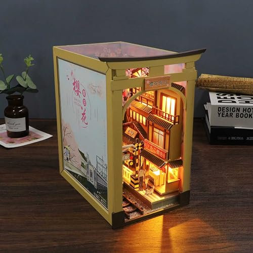 AOXCHEN Book Nook Décor D'insertion de Bibliothèque, Support de Livre de Puzzle en Bois 3D, Modèle de Cabine en Fleurs de Cerisier Japonais avec Lumière LED, DIYCadeau d'anniversaire
