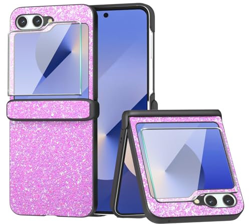 Glitzer Hülle für Samsung Z Flip 6–Galaxy Z Flip 6 Sparkly Shiny Slim Case Cover Hülle für Frauen & Mädchen–Dünn Stoßfeste Anti-Rutsch Harte PC Handyhülle für Samsung Flip 6 5G-Hot Pink