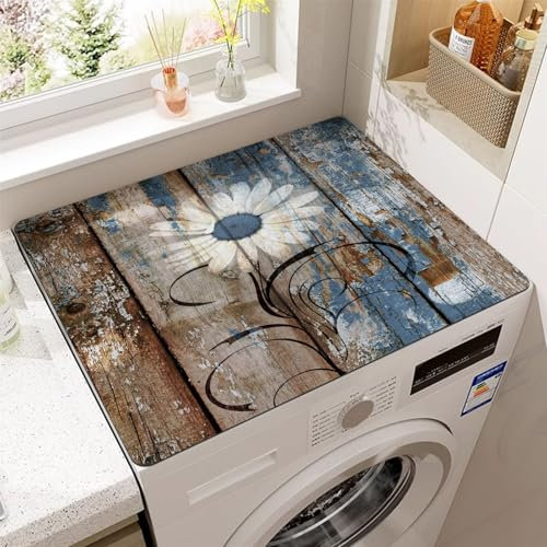Odot Cubierta para Lavadora, Protector Superior Lavadora y Secadora 3D Girasol Alfombra para Lavadora, Antideslizante Secado Rápido para Lavadora Microondas Refrigerador (Madera Azul,60x60cm)
