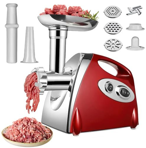 Elektrischer Fleischwolf, 2800 W, 3-in-1, elektrischer Fleischwolf, multifunktional, mit 3 Schneidplatten aus Edelstahl, Kubbe und Füllrohre für Wurst, für Kebbe und Würste (rot)