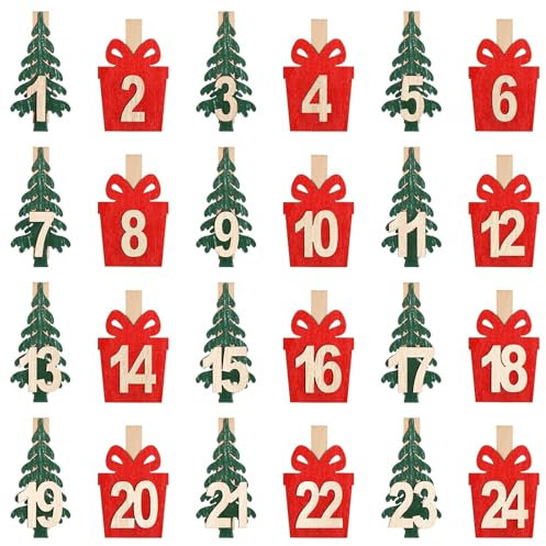 BOFUNX 24PCS Mini Pinces à Linge Chiffres 1-24 Pinces à linge en Bois avec Motif Cadeau Sapin de Noël pour Décoration Calendrier de l'Avent et Noël