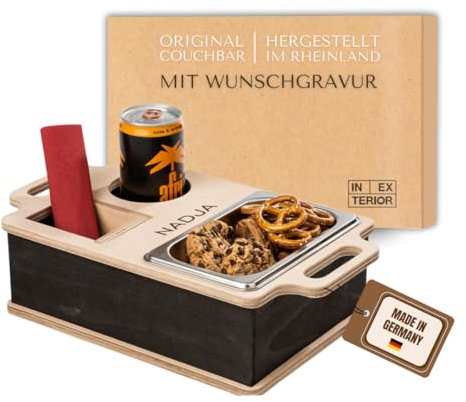 INEXTERIOR Couchi - PERSONALISIERBAR - handgefertigt in Deutschland - Snackschale, Organizer und Flaschenhalter - Couchbutler couchorganizer Sofaorganizer Geschenk (personalisiert, Schwarz)