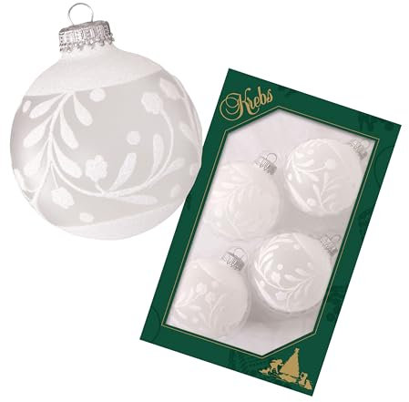 Krebs Glas Lauscha - Weihnachtsdekoration/Christbaumschmuck aus Glas - Weihnachtskugeln - Motiv: Weiß glitzernden Reben, Frost - 4 Stück - Größe: ca. 7 cm