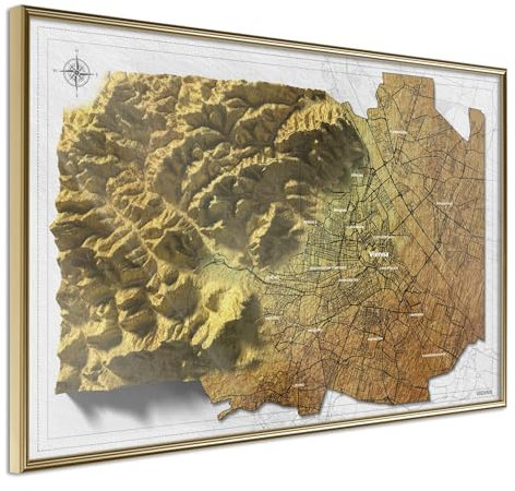 KunstLoft Poster 'Raised Relief Map: Vienna' 45x30cm | Goldener Bilderrahmen | Full-HD-Druck auf hochwertigem Papier