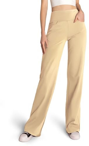 SAFORT Yogahose Damen mit Taschen Weite Hose Damen Jogginghose Damen weit Marlenehose Damen für Yoga Workout Training Freizeit, 71cm, Khaki, L