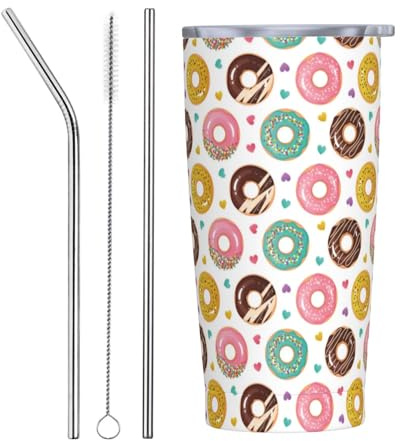 VOSERY Botella de agua de 20 onzas con tapa y popote, vasos aislados de acero inoxidable, vasos de café de viaje, vaso personalizado