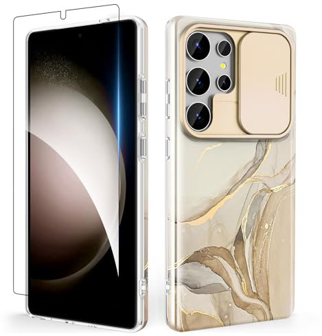 SHEDEER Cover per Samsung S25 Ultra con Slidable Protezione Fotocamera & Vetro Temperato, Cover per Galaxy S25 Ultra 360 Protezione Militare Aesthetic, Brillante, Antiurto Antigraffio, Bianco Elegante