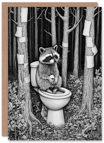 Artery8 Greeting Card Raccoon on Toilet in Forest Black White Surreal Blank For Him Or Her Art Birthday Card