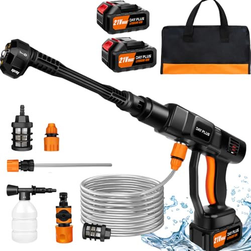 1500W Cordless Portable Pressure Washer 21V 45 Bar 652 PSI High Pressure Washers with 2 Batteries, Jet Washers/Pressure Washers with 6-in-1 Adjustable Nozzle, 5M Hose for Car Floor Garden Cleaning