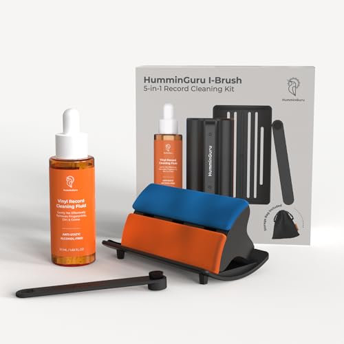 HumminGuru I-Brush Vinyl Record Cleaning Kit, Anti-Static Vinyl Record Cleaner Kit with Dual Velvet Pads Vinyl Record Brush + Alcohol-free Record Cleaning Solution + LP Brush Holder (White 5-in-1)