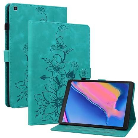 Rosbtib Coque pour Samsung Galaxy Tab A 8.0 (2019) 8 SM-T290/T295, Multi-Angles de Visualisation Housse de Protection en Similicuir avec Porte-Carte Couverture Motif Lys, Vert