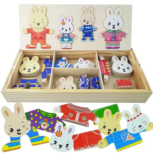 LilyBeauty Puzzle Famiglia di Conigli - Vestizione in Legno 72 Pezzi per Bambini 3+ | Adorabile per Sviluppo Cognitivo e Fine Motorie | Regalo per Compleanni, Feste, Natale