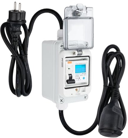 DewinLVD Compteur Électrique Numérique Mobile pour Prise de Courant Extérieur 16 A type A Disjoncteur Prise Européenne IP65 Appareil de Mesure Étanche 230 V 60 A pour Installation Industrielle Jardin
