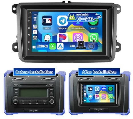 Hikity 4G+64G Android 15 Radio de Coche para VW Golf Polo Tiguan Caddy Touran Radio 2 DIN Wireless Carplay Android Auto 7 Pulgadas Pantalla Táctil con GPS WiFi 2USB AHD Cámara Trasera Mic
