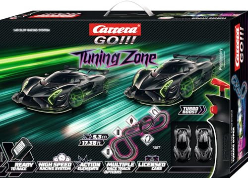 Carrera GO Tuning Zone – Rennbahn Set mit futuristischen Hypercars im Maßstab 1:43 – Slotcar Bahn mit Looping Fly-Over und Kreuzung für spannenden Actionspaß auf 5,3 m Strecke