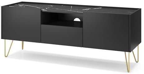 Komodee Canmore 144 cm TV Schrank - Graphitschwarz, Marmorschwarz - 144 cm Breit, 55 cm Hoch, 37 cm Tief