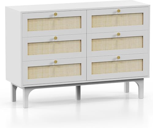Karl home 6 Drawer White Dresser, Rattan Dresser TV Stand, Wood Chest of Drawers Storage Tower Cabinet Sideboard Organizer with Real Rattan for Bedroom, Hallway, Entryway, 120 x 85 x 40 cm