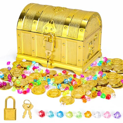 Yicenmy Schatzkiste Kindergeburtstag Gold, für Aufbewahren und Dekorieren | Schatztruhe Kindergeburtstag, mit Schloss und Schlüssel, 50 Goldmünzen Kinder und 100 Edelsteine, für Kinder