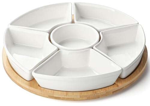 zeeooil Ceramic Snack and Dip Serving Set with Rotating Wooden Tray (White)
