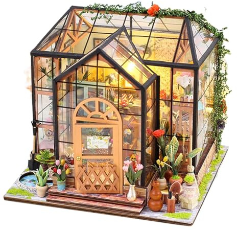 Mini House Building Kit - Greenhouse Model with Furniture and Tool Glue,Handmade Wooden Greenhouse for Crafts Projects Home Room Decor