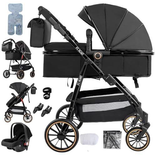 Prokoke Kinderwagen 3 in 1, Kinderwagen Set Einem Klick Faltbar, Kombikinderwagen 3 in 1 mit Umkehrbarem Zwei-Wege-Schub, Buggy Rahmen Aluminiumlegierung Baby Kleinkind Neugeborene (V8 Black)