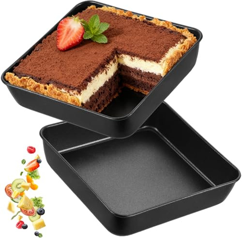 6 Inch Square Deep Cake Tin Set of 2 with Non-Stick Coating, Stainless Steel Rust Resistant Baking Tray, Easy Clean Brownie Cakes Mould, Non Toxic & Healthy Tins for Roasting Lasagna (Black)