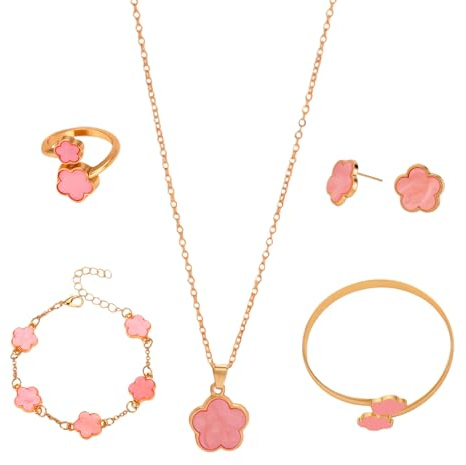 SHENGYULONG 5 PCS Vierblättriges Kleeblatt Schmuckset, 18 Karat vergoldetes vierblättriges Kleeblatt, Glücklich Set mit vier Blättern für Damen，Halskette,Ohrringe,Armband,Ring