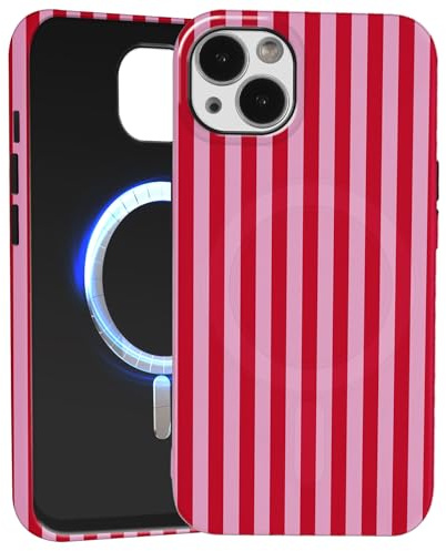 Paovkoi Coque Magnétique pour iPhone 15, Aesthetic été Stripes Striped Motif Design Silicone Housse Étui Compatible avec MagSafe, Protection Etui Bumper Cover pour iPhone 15 6,1'' - Rose Rouge