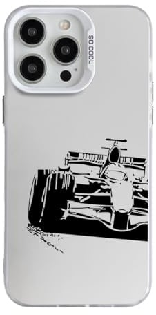 Black Ink Open-Wheel Racing Car Pattern Case for iPhone 13/14, White | Trendy Aesthetic, TPU and PC Protection, Raised Edges, Precise Cutouts, Slim Fit, Non-Slip Grip, for Women Men