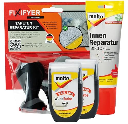 FIXIFYER Universal Reparatur-Set für Raufaser & Strukturtapeten + Molto Moltofill Innen-Reparaturspachtel + 2× Molto S.O.S. Easy Wandfarbe I Löcher & Risse in Strukturtapeten einfach ausbessern