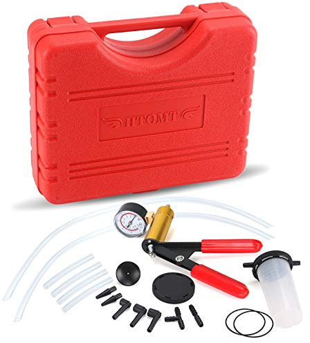 HTOMT 2 in 1 Brake Bleeder Kit Hand held Vacuum Pump Test Set for Automotive with Protected Case,Adapters,One-Man Brake and Clutch Bleeding System(Red)