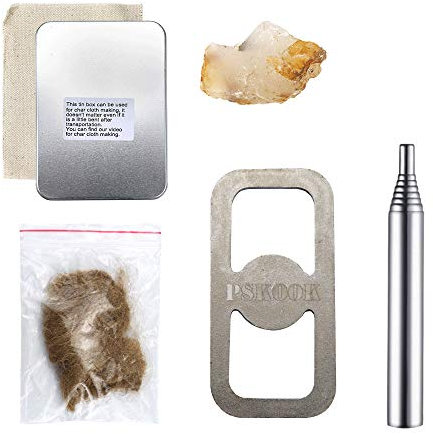 PSKOOK Flint Steel Striker Kit with Pocket Bellow Primitive Fire Starter English Flint Stone Steel Striker with Emergency Jute Tinder Tin Box Kit